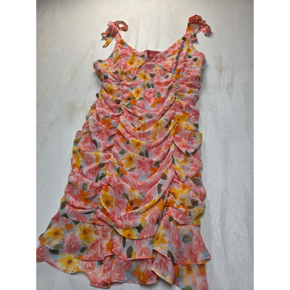 Lily Rose Floral Ruched Mini Dress Pink Orange Boho Cottagecore Fairy Large